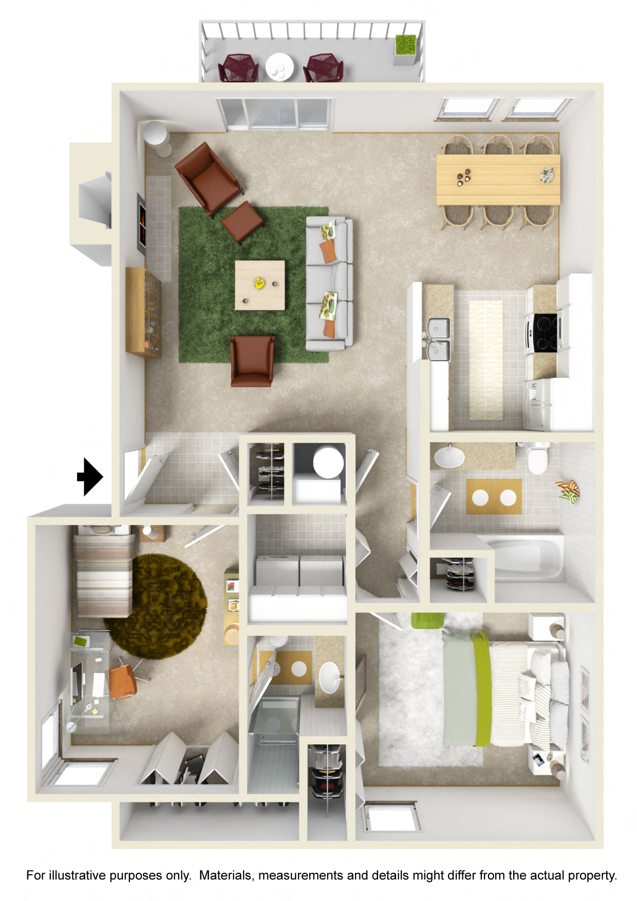 Floor plan for 2 beds, 2 baths, 981 sqft